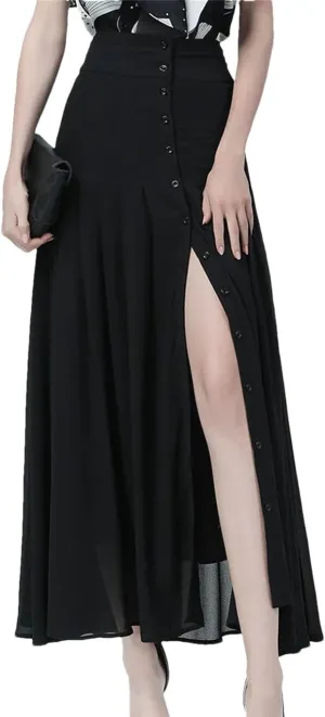 Mid-Length Black Skirt High-Waist Button Slit Mesh Long Skirts for Summer Pleated Skirts