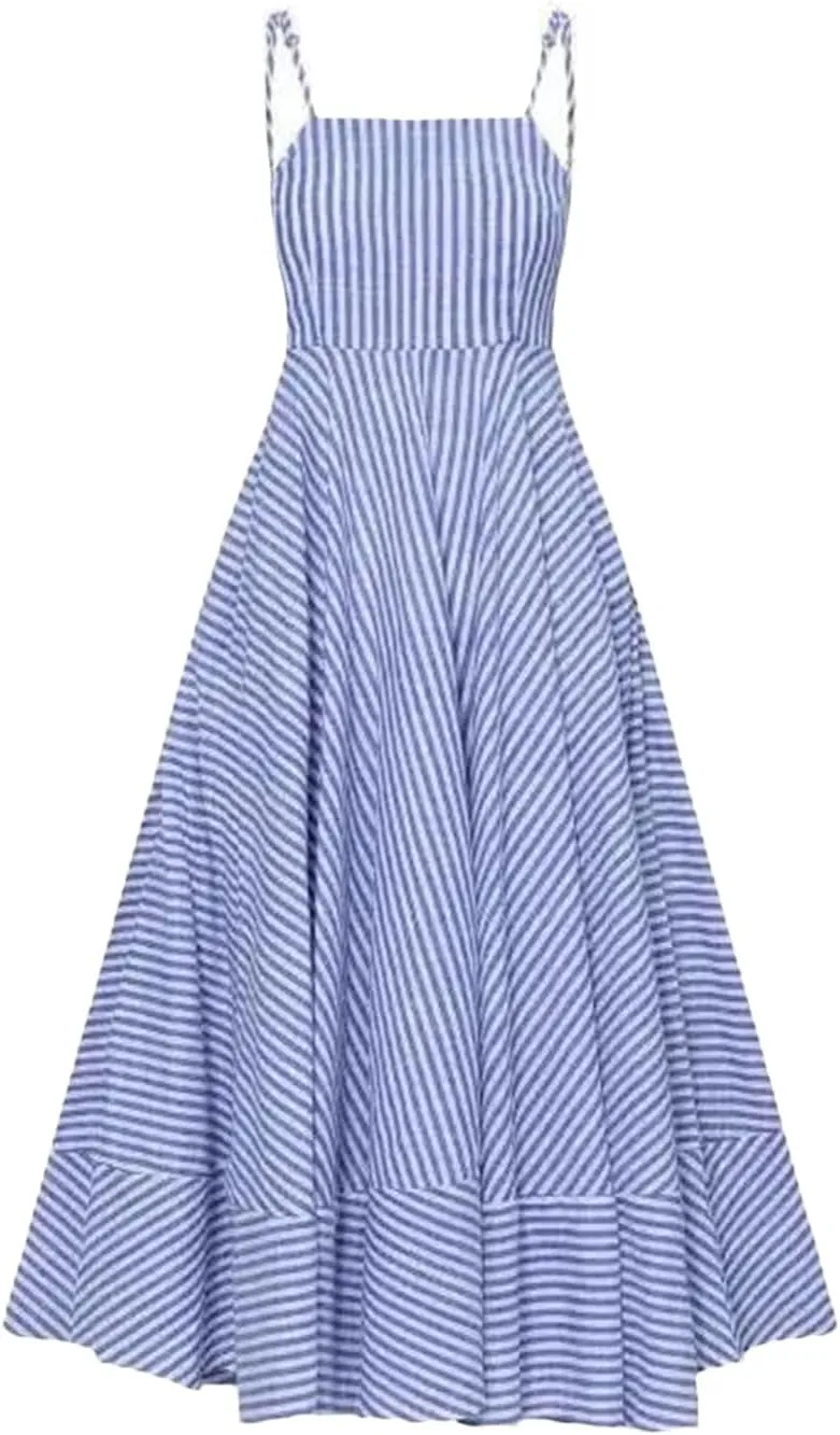Midi Dresses for Women Stripe Sleeveless Pleated Skirt High Waist Zipper Vacation Dresses Slip Dress