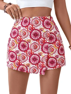 Milumia Women Boho Floral Print Wrap Skorts High Waist A Line Slit Summer Shorts