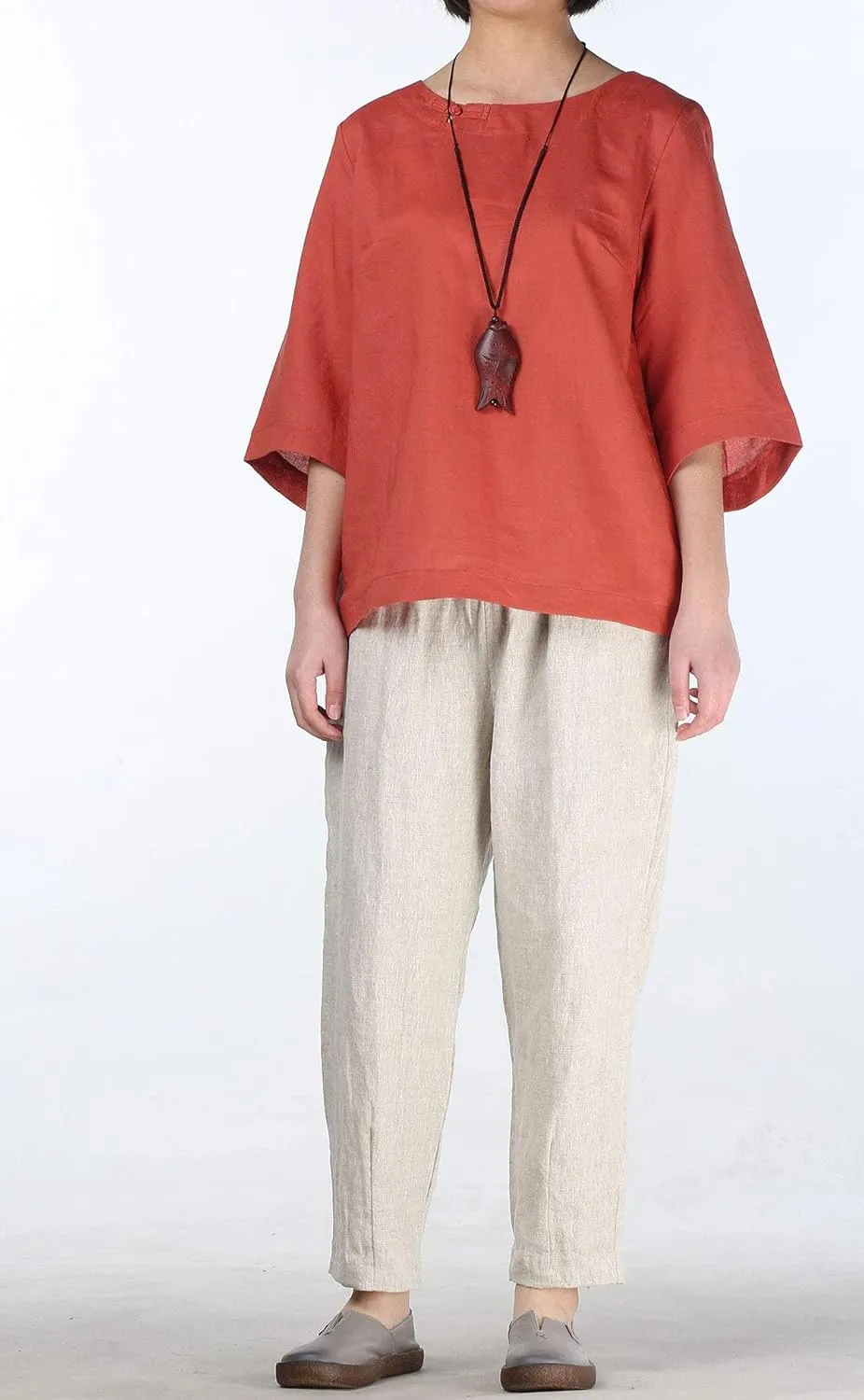 Minibee Women's Linen Blouse Round Neck 3/4 Sleeve Shirt Tops with Chinese Frog Button