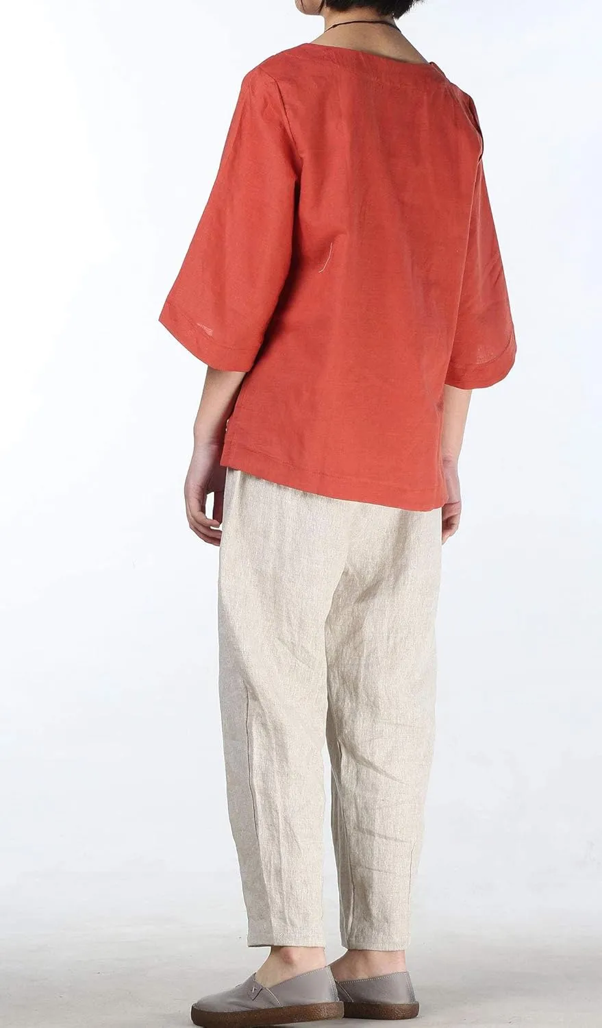 Minibee Women's Linen Blouse Round Neck 3/4 Sleeve Shirt Tops with Chinese Frog Button