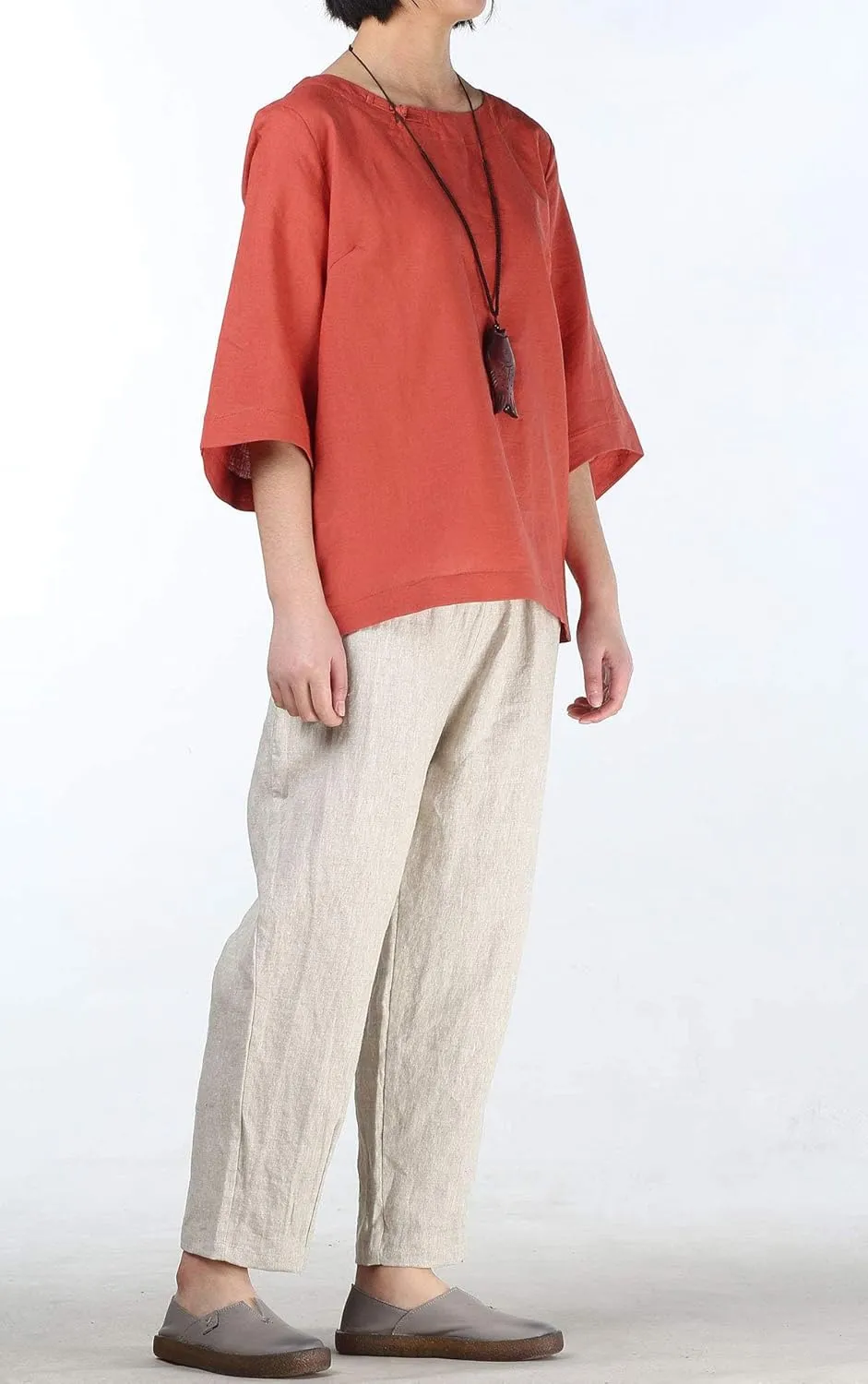 Minibee Women's Linen Blouse Round Neck 3/4 Sleeve Shirt Tops with Chinese Frog Button