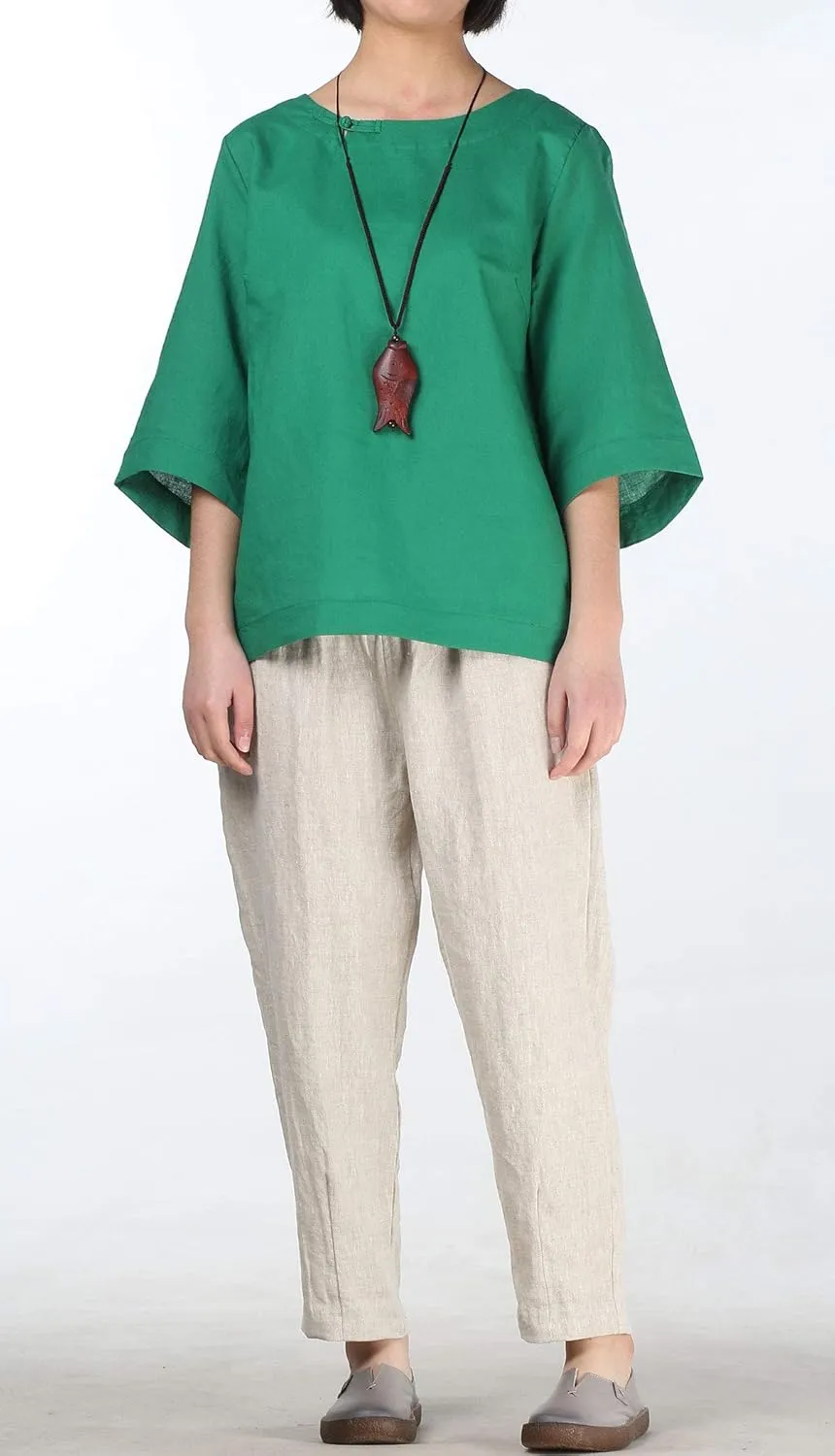 Minibee Women's Linen Blouse Round Neck 3/4 Sleeve Shirt Tops with Chinese Frog Button