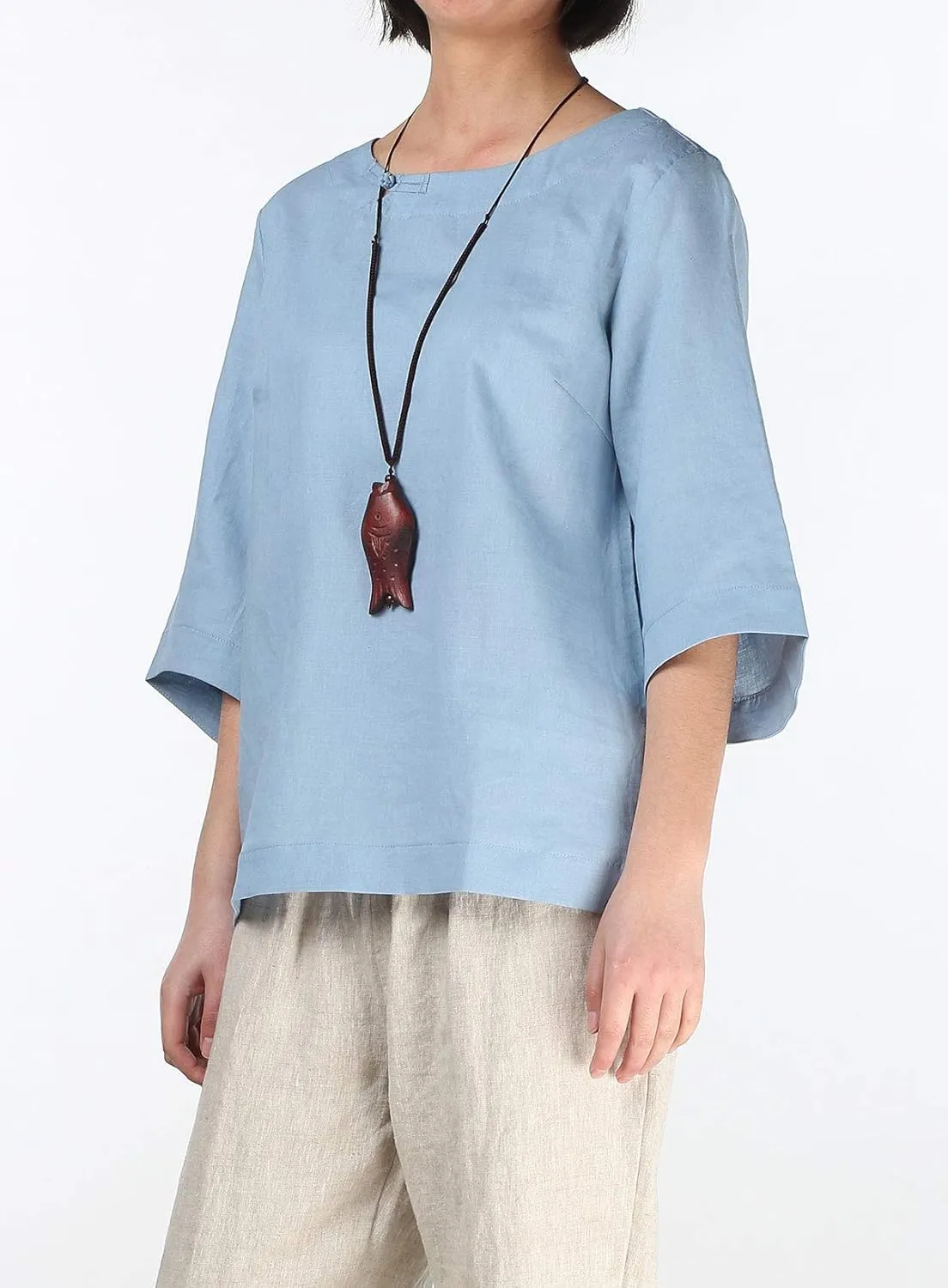Minibee Women's Linen Blouse Round Neck 3/4 Sleeve Shirt Tops with Chinese Frog Button