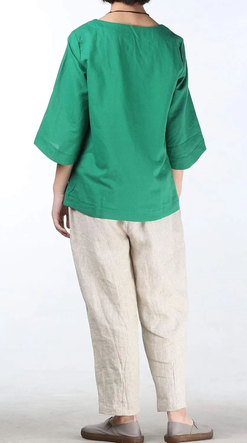 Minibee Women's Linen Blouse Round Neck 3/4 Sleeve Shirt Tops with Chinese Frog Button