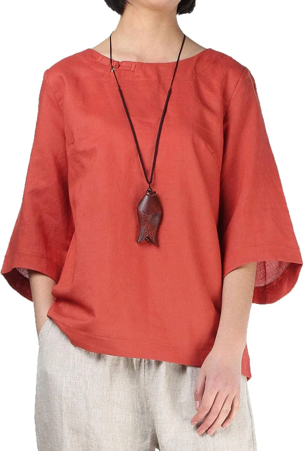 Minibee Women's Linen Blouse Round Neck 3/4 Sleeve Shirt Tops with Chinese Frog Button