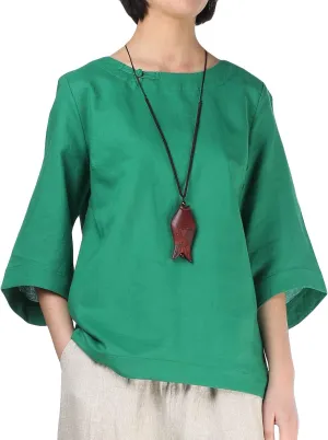 Minibee Women's Linen Blouse Round Neck 3/4 Sleeve Shirt Tops with Chinese Frog Button