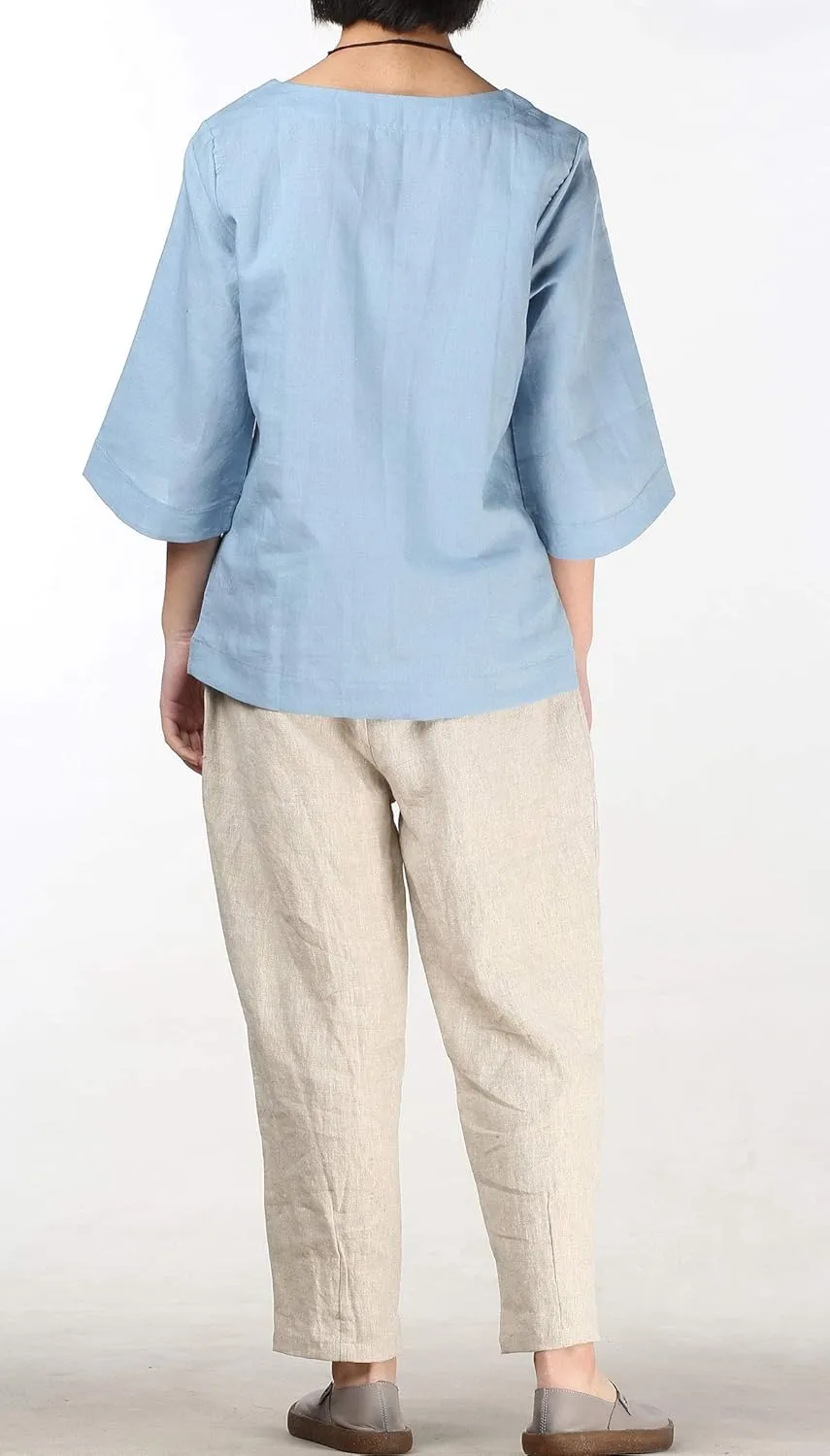 Minibee Women's Linen Blouse Round Neck 3/4 Sleeve Shirt Tops with Chinese Frog Button