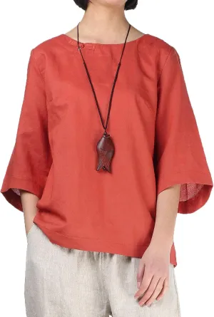 Minibee Women's Linen Blouse Round Neck 3/4 Sleeve Shirt Tops with Chinese Frog Button