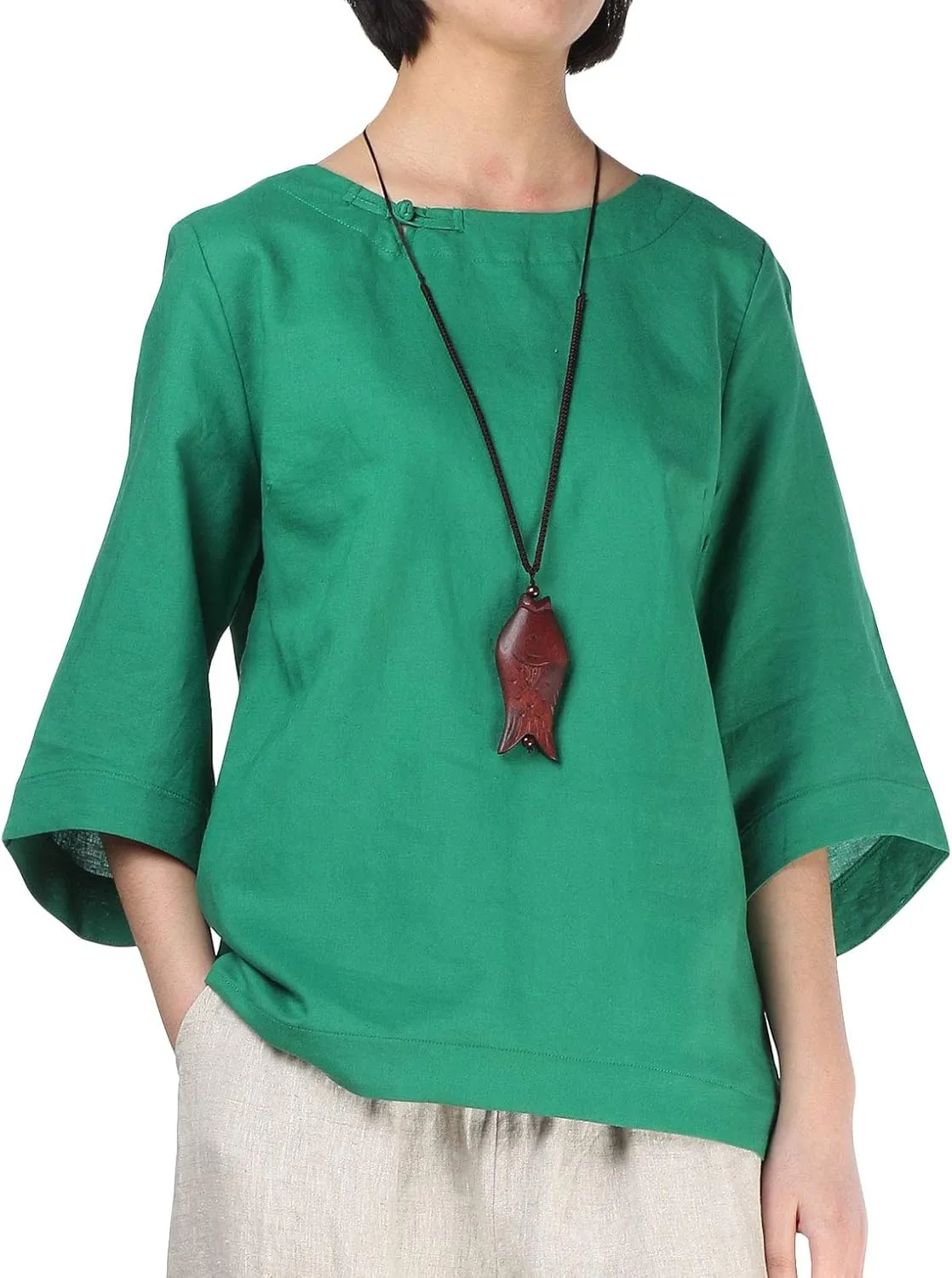 Minibee Women's Linen Blouse Round Neck 3/4 Sleeve Shirt Tops with Chinese Frog Button
