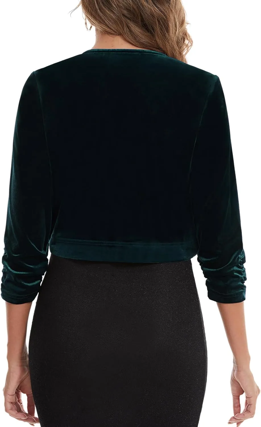 MINTLIMIT Women Velvet Shrug Bolero Open Front 3/4 Ruched Sleeve Evening Dressy Cropped Cardigans with Hook and Eye