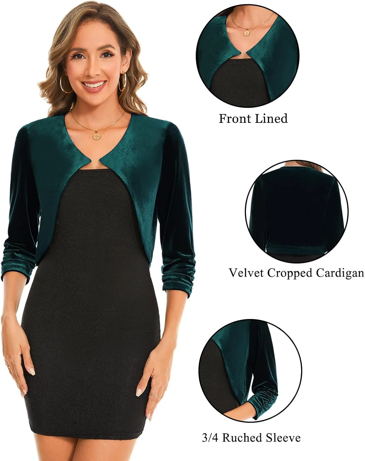 MINTLIMIT Women Velvet Shrug Bolero Open Front 3/4 Ruched Sleeve Evening Dressy Cropped Cardigans with Hook and Eye