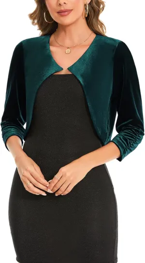 MINTLIMIT Women Velvet Shrug Bolero Open Front 3/4 Ruched Sleeve Evening Dressy Cropped Cardigans with Hook and Eye
