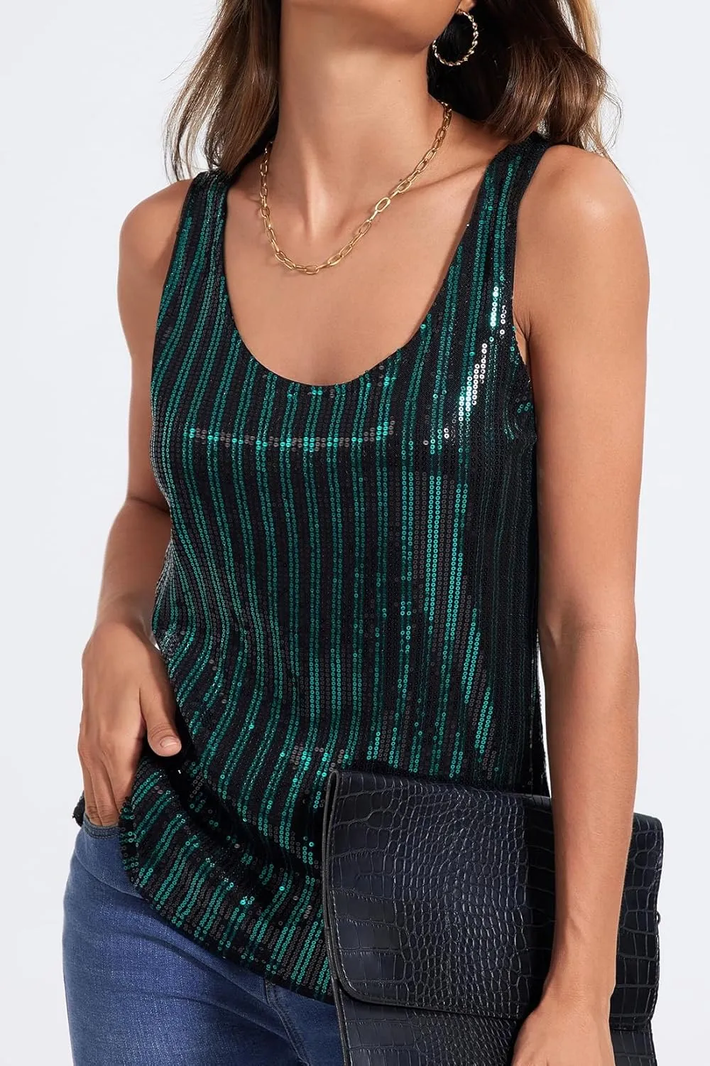 MLEBR Womens Summer Fashion Sequin Tops Scoop Neck Sequin Sparkle Shimmer Sleeveless Tanks Tops Blouses
