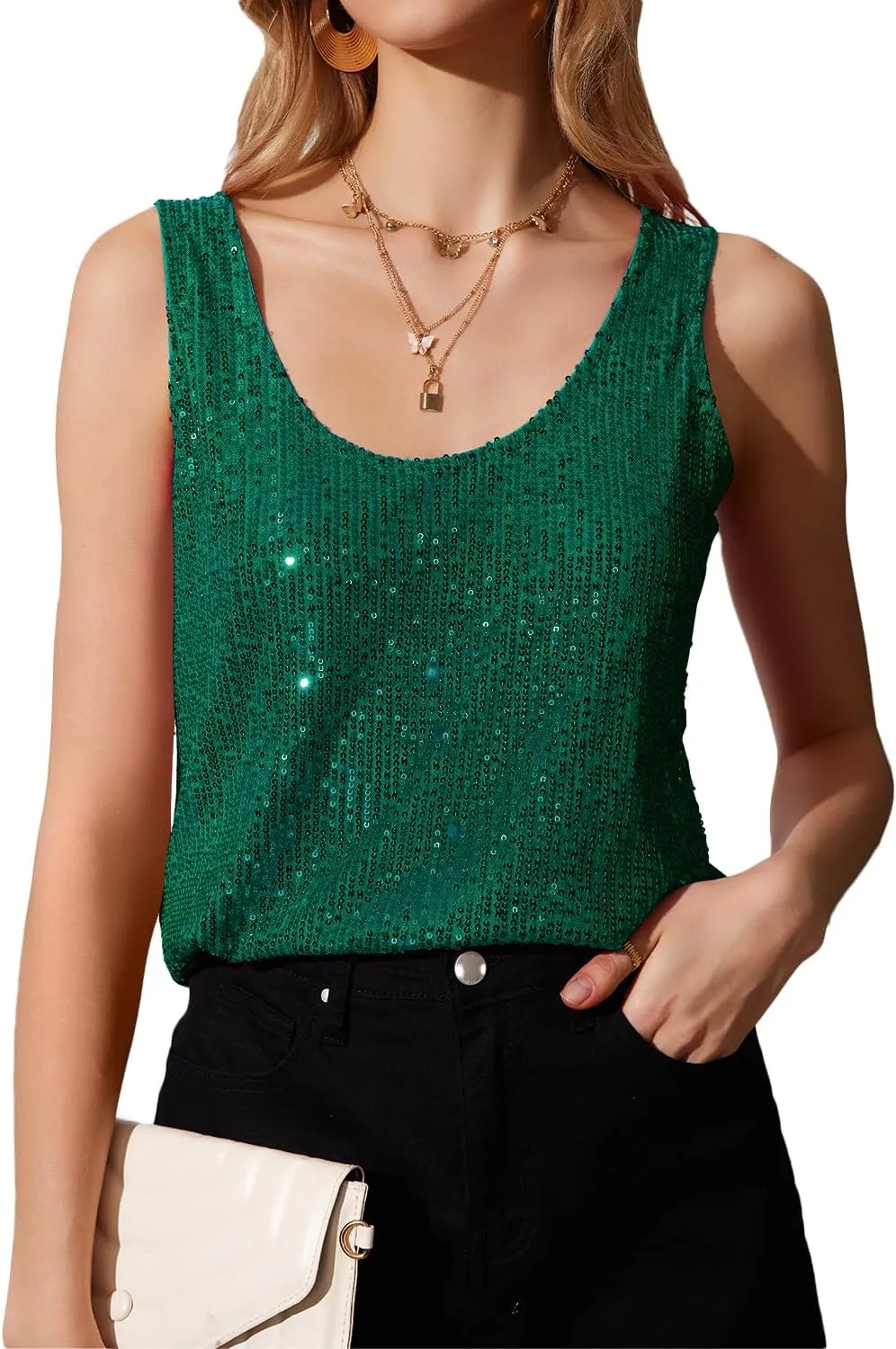 MLEBR Womens Summer Fashion Sequin Tops Scoop Neck Sequin Sparkle Shimmer Sleeveless Tanks Tops Blouses