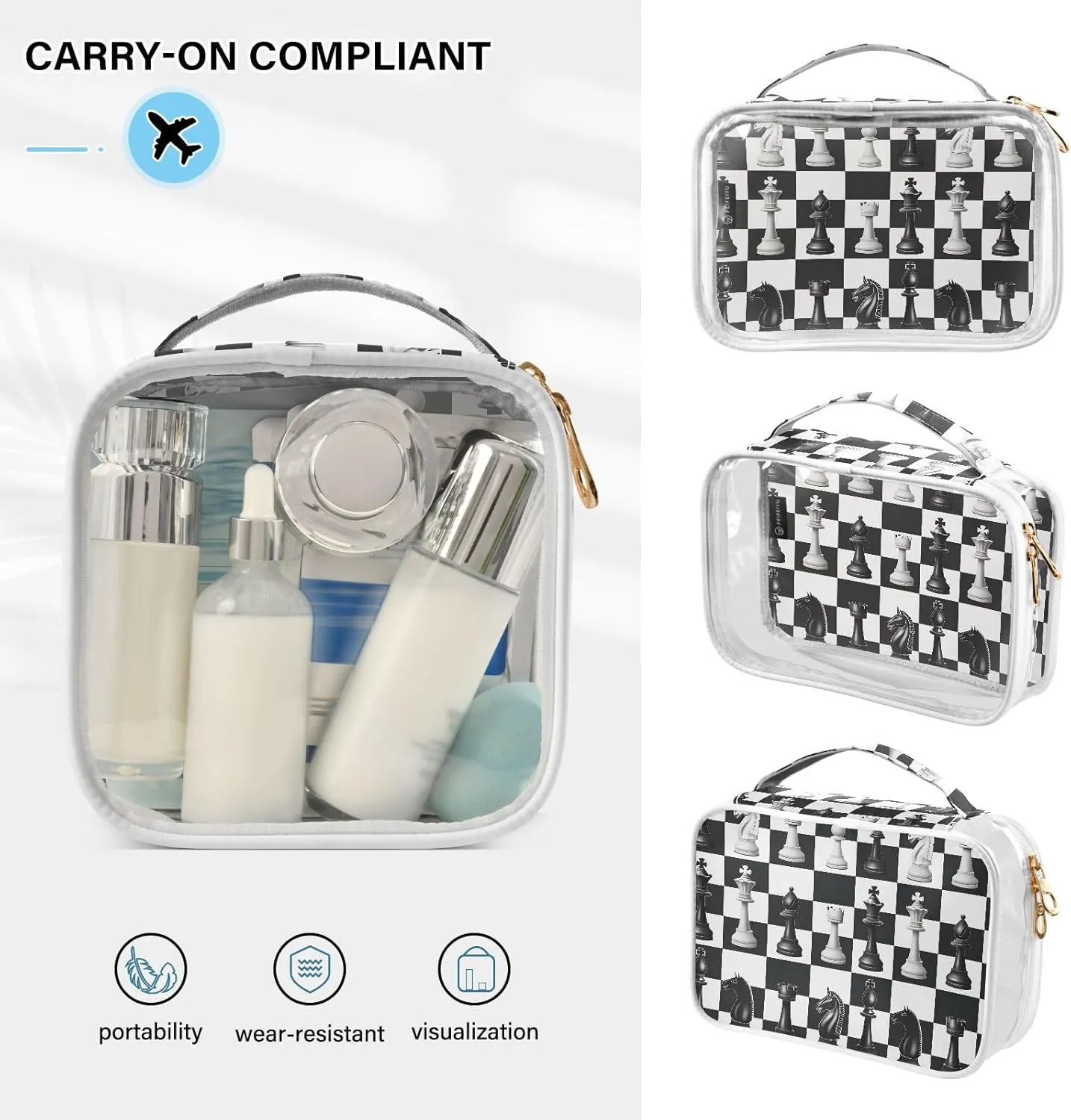 MNSRUU Clear Makeup Bags Illustration with Chess Toiletry Bag for Women 2 PCS Waterproof Clear Bags Clear Travel Toiletry Bag Small Cosmetic Makeup Bag, Carry on Airport Airline Compliant Bag
