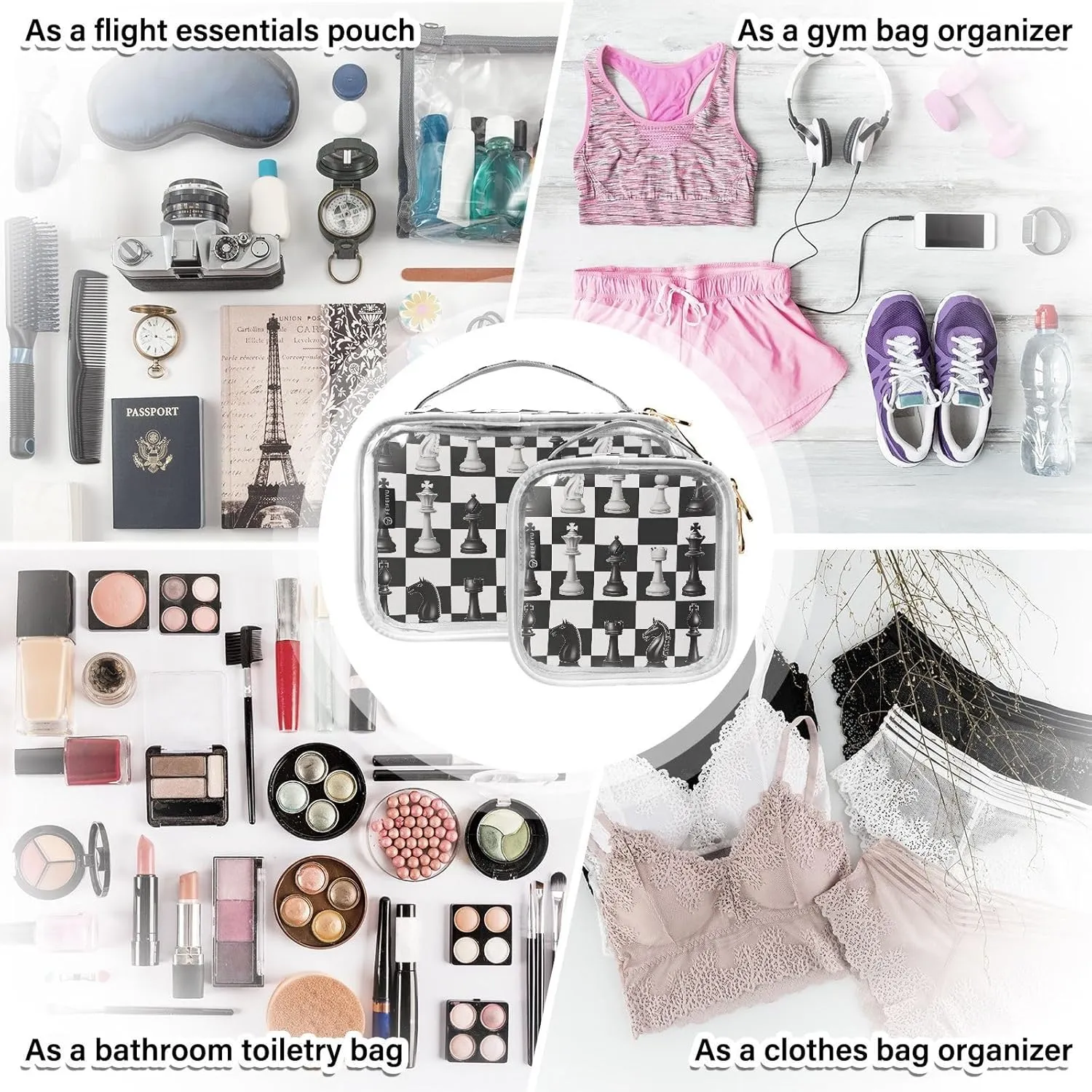 MNSRUU Clear Makeup Bags Illustration with Chess Toiletry Bag for Women 2 PCS Waterproof Clear Bags Clear Travel Toiletry Bag Small Cosmetic Makeup Bag, Carry on Airport Airline Compliant Bag