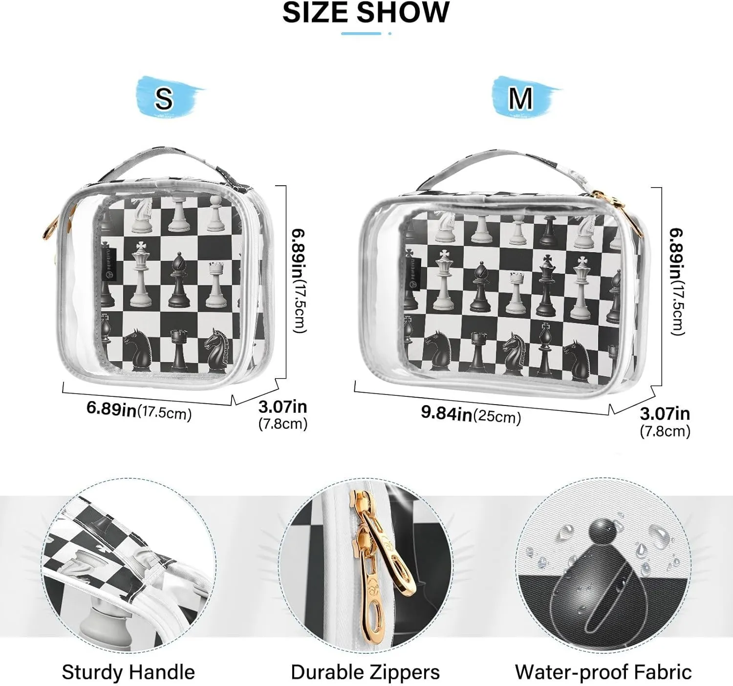 MNSRUU Clear Makeup Bags Illustration with Chess Toiletry Bag for Women 2 PCS Waterproof Clear Bags Clear Travel Toiletry Bag Small Cosmetic Makeup Bag, Carry on Airport Airline Compliant Bag