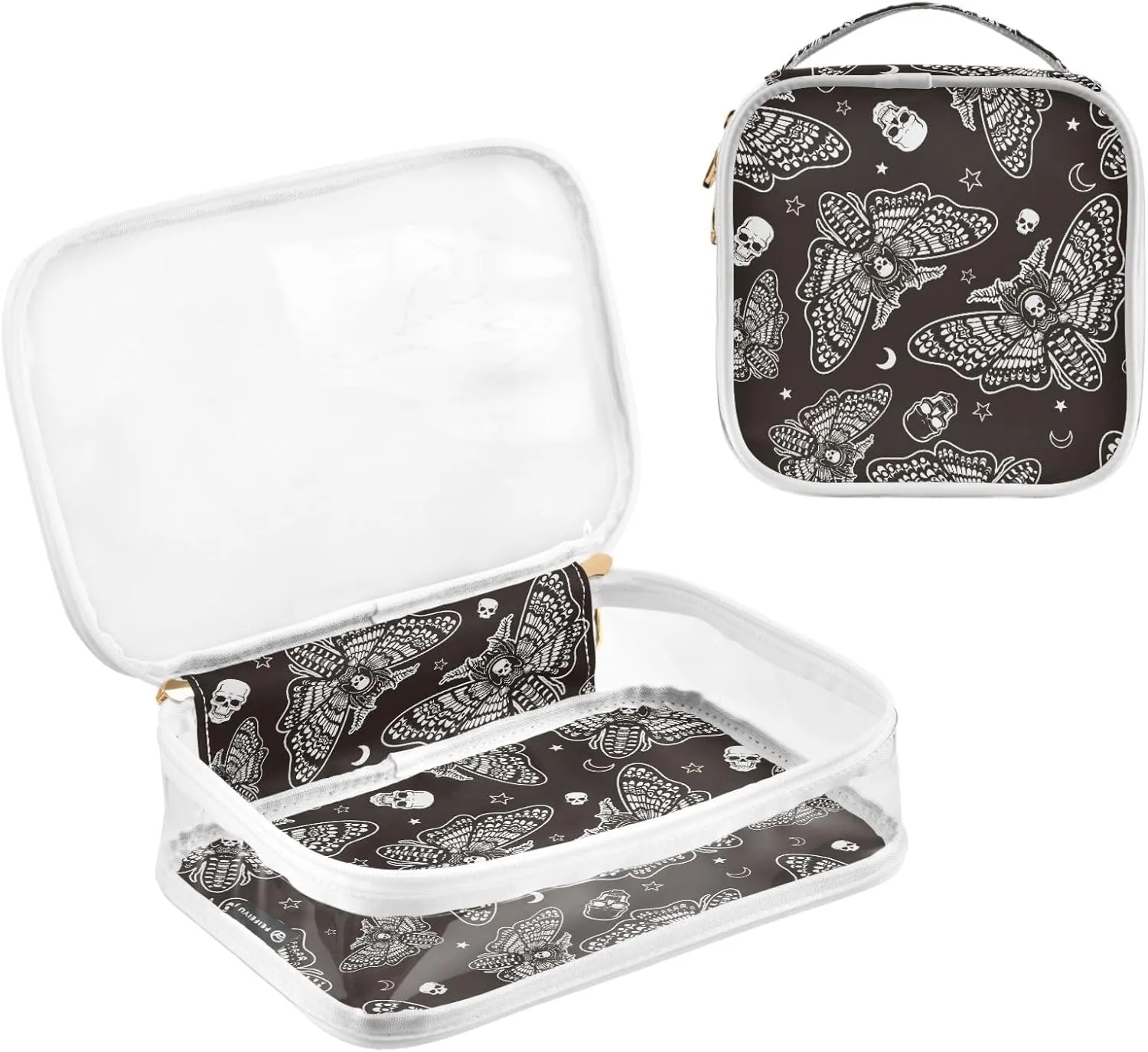 MNSRUU Clear Makeup Bags Moth Skull Moon Esoteric Toiletry Bag for Women 2 PCS Waterproof Clear Bags Clear Travel Toiletry Bag Small Cosmetic Makeup Bag, Carry on Airport Airline Compliant Bag