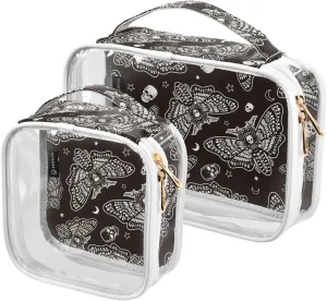 MNSRUU Clear Makeup Bags Moth Skull Moon Esoteric Toiletry Bag for Women 2 PCS Waterproof Clear Bags Clear Travel Toiletry Bag Small Cosmetic Makeup Bag, Carry on Airport Airline Compliant Bag
