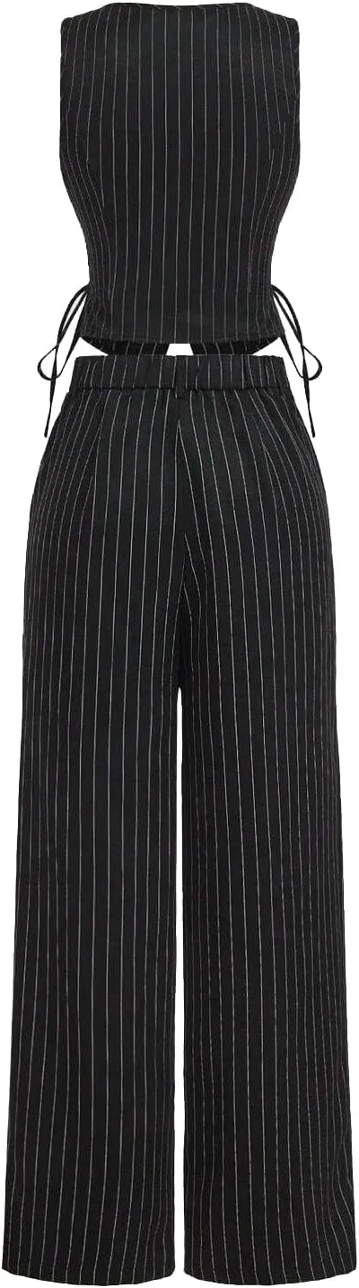 MOD V-Neck Sleeveless Side Tie Waist Straight Pants Black Striped Suit Set,Back To School Preppy Tops 2pcs