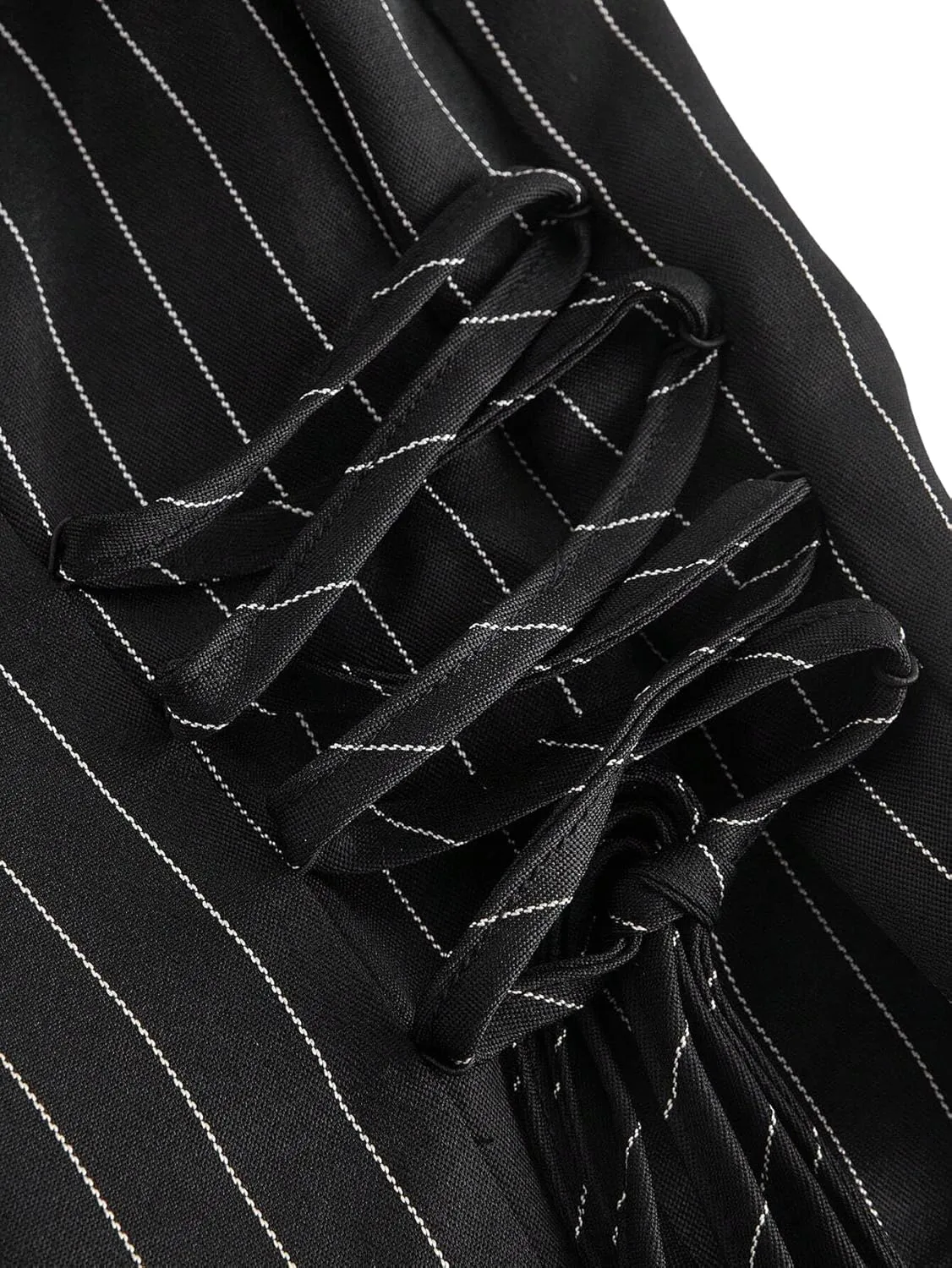 MOD V-Neck Sleeveless Side Tie Waist Straight Pants Black Striped Suit Set,Back To School Preppy Tops 2pcs