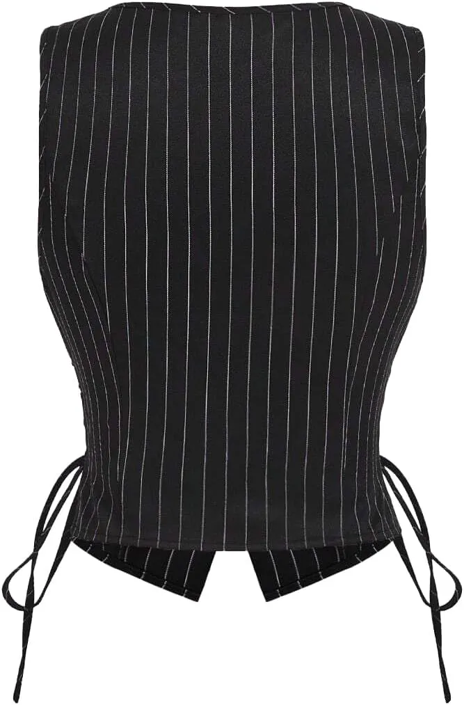 MOD V-Neck Sleeveless Side Tie Waist Straight Pants Black Striped Suit Set,Back To School Preppy Tops 2pcs