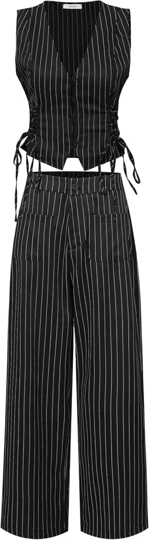 MOD V-Neck Sleeveless Side Tie Waist Straight Pants Black Striped Suit Set,Back To School Preppy Tops 2pcs