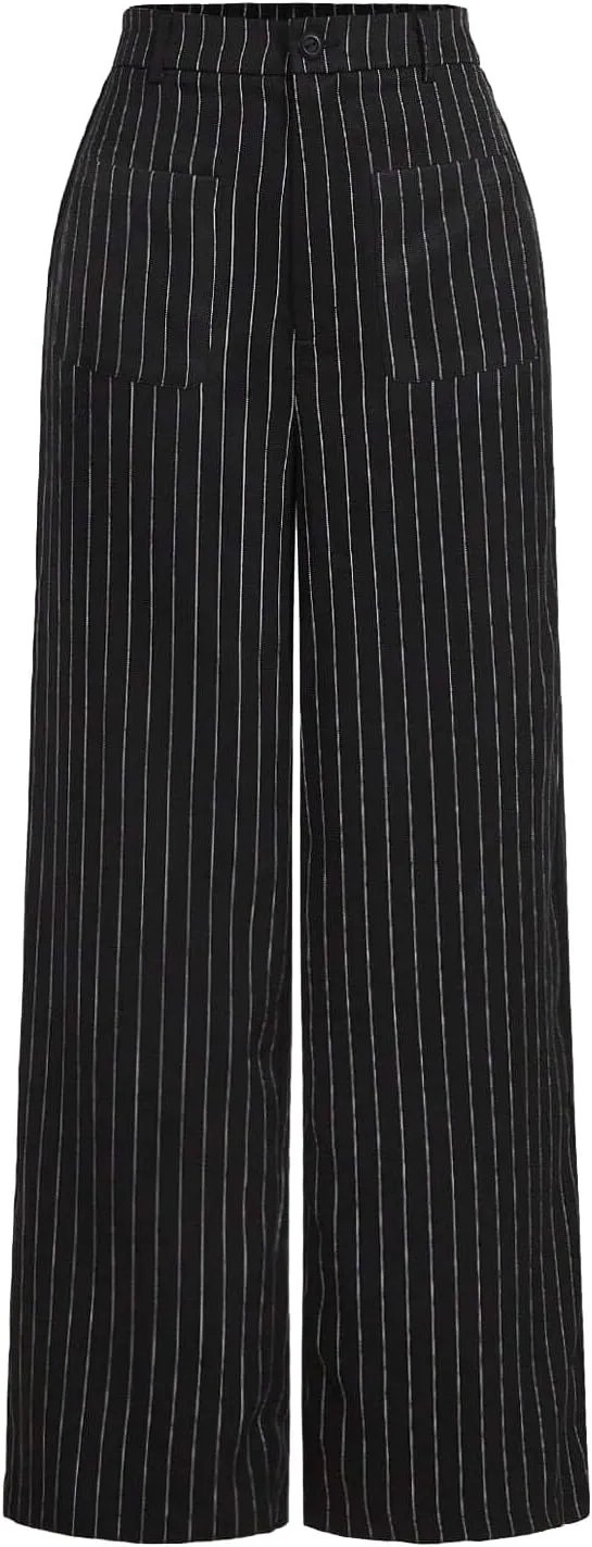 MOD V-Neck Sleeveless Side Tie Waist Straight Pants Black Striped Suit Set,Back To School Preppy Tops 2pcs