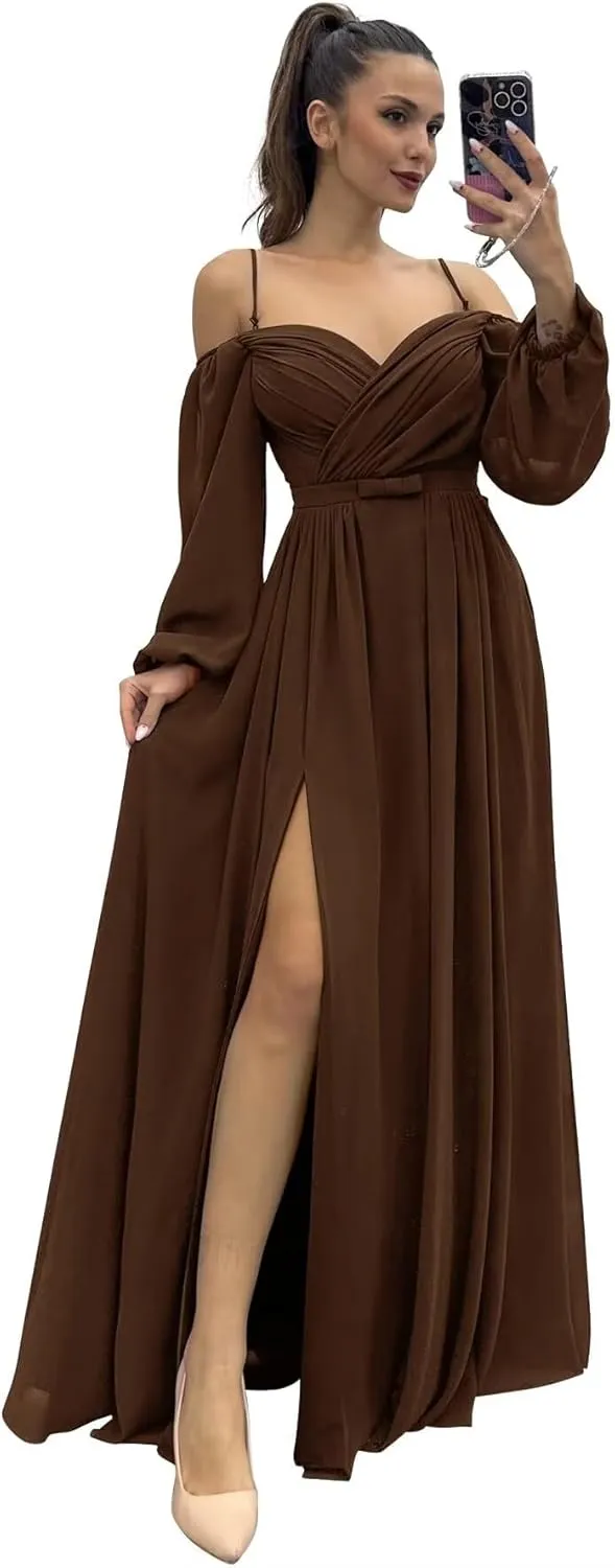 Monlity Women's Spaghetti Straps Prom Dress with Long Sleeves Chiffon Bridesmaid Dresses with Slit Formal Evening Gown