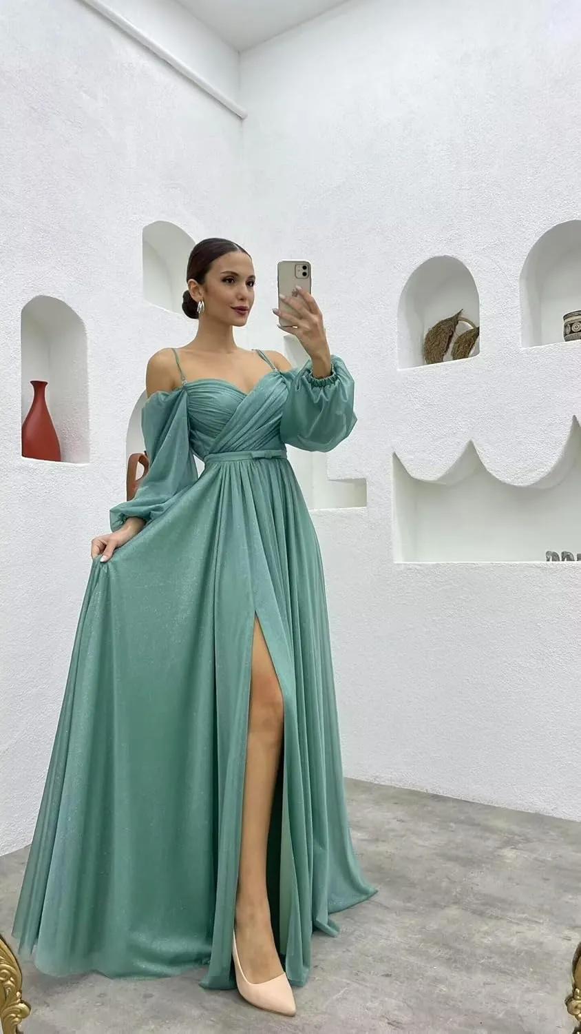 Monlity Women's Spaghetti Straps Prom Dress with Long Sleeves Chiffon Bridesmaid Dresses with Slit Formal Evening Gown