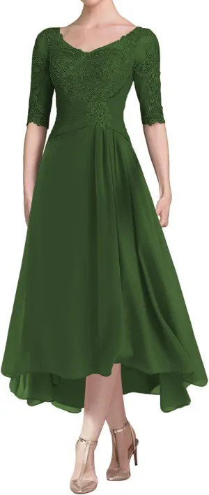 Mother of The Bride Dress A Line Chiffon Lace Mother of The Bride Dresses Tea Length Evening Gown with Sleeves