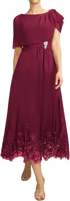 Mother of The Bride Dresses Chiffon Wedding Guest Dresses for Women Formal Evening Dresses with Sleeves Tea Length