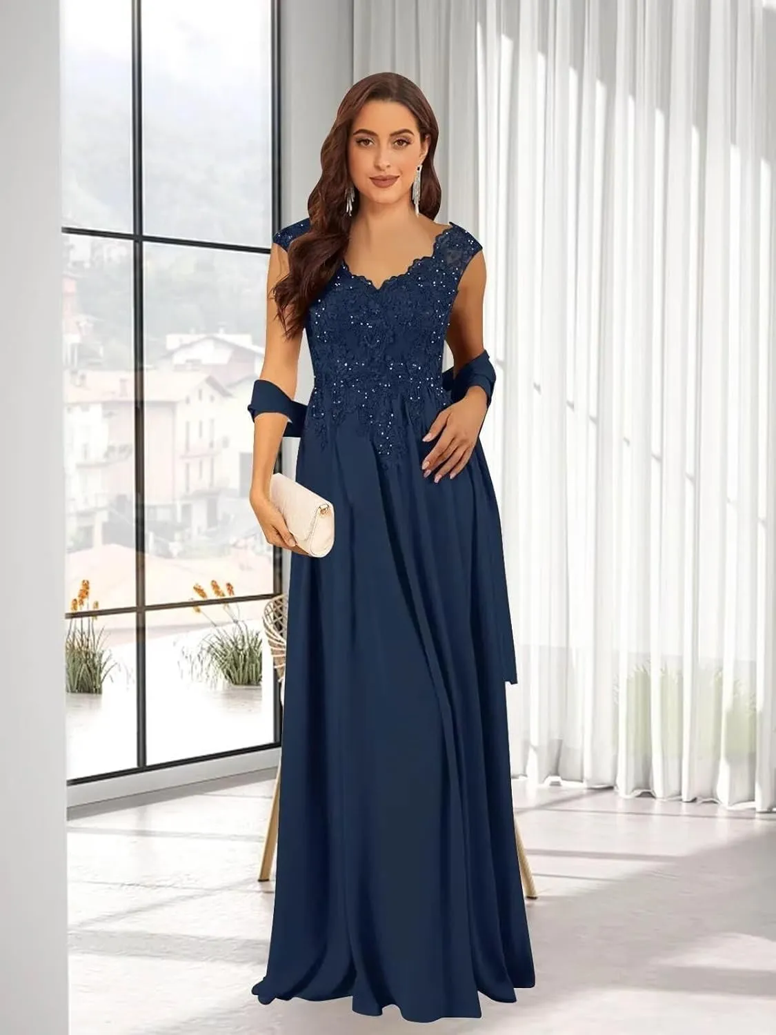 Mother of The Bride Dresses for Wedding Lace Appliques 2 Pieces Prom Dress Long Chiffon Formal Evening Party Gowns