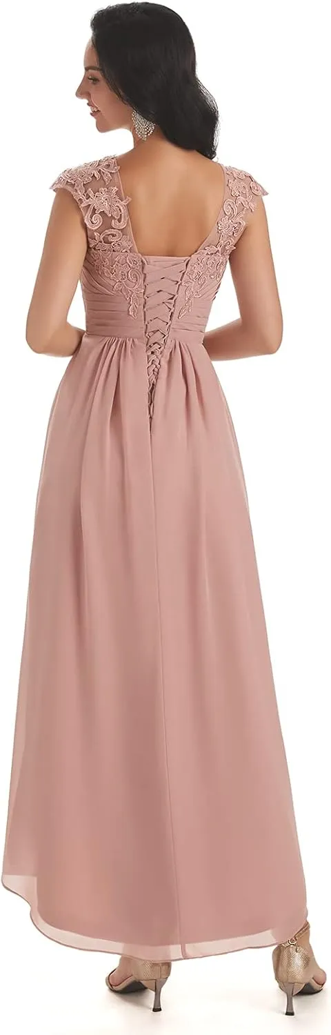 Mother of The Bride Dresses for Wedding Lace Chiffon Tea Length Formal Evening Party Gowns with Sleeves Pockets