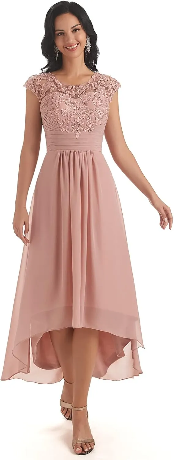 Mother of The Bride Dresses for Wedding Lace Chiffon Tea Length Formal Evening Party Gowns with Sleeves Pockets