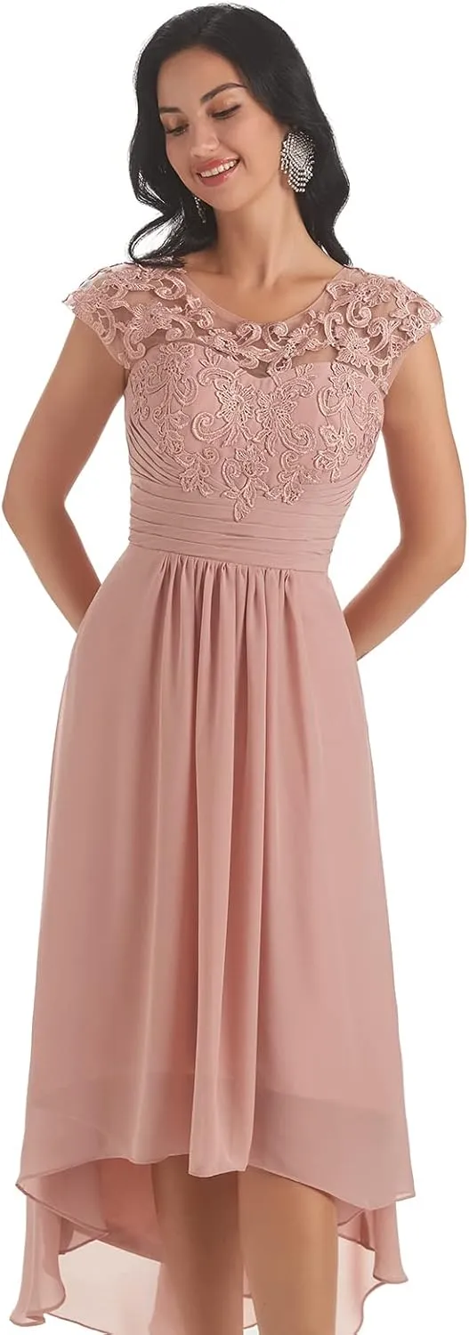 Mother of The Bride Dresses for Wedding Lace Chiffon Tea Length Formal Evening Party Gowns with Sleeves Pockets