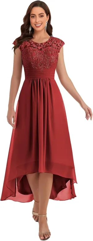 Mother of The Bride Dresses for Wedding Lace Chiffon Tea Length Formal Evening Party Gowns with Sleeves Pockets