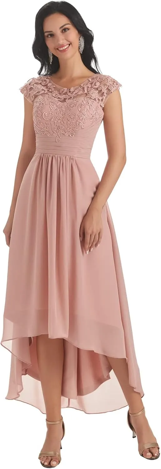 Mother of The Bride Dresses for Wedding Lace Chiffon Tea Length Formal Evening Party Gowns with Sleeves Pockets