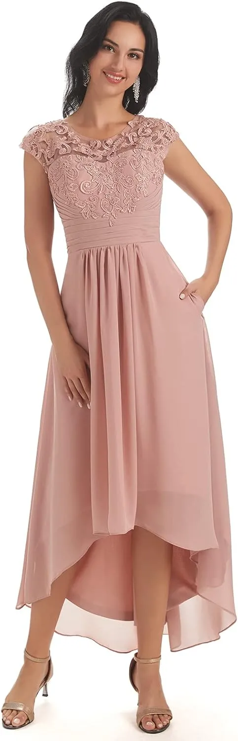 Mother of The Bride Dresses for Wedding Lace Chiffon Tea Length Formal Evening Party Gowns with Sleeves Pockets
