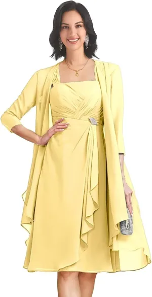 Mother of The Bride Dresses for Wedding Tea Length 2 Pieces Chiffon Formal Dress with Jacket YB21
