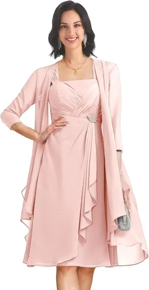 Mother of The Bride Dresses for Wedding Tea Length 2 Pieces Chiffon Formal Dress with Jacket YB21