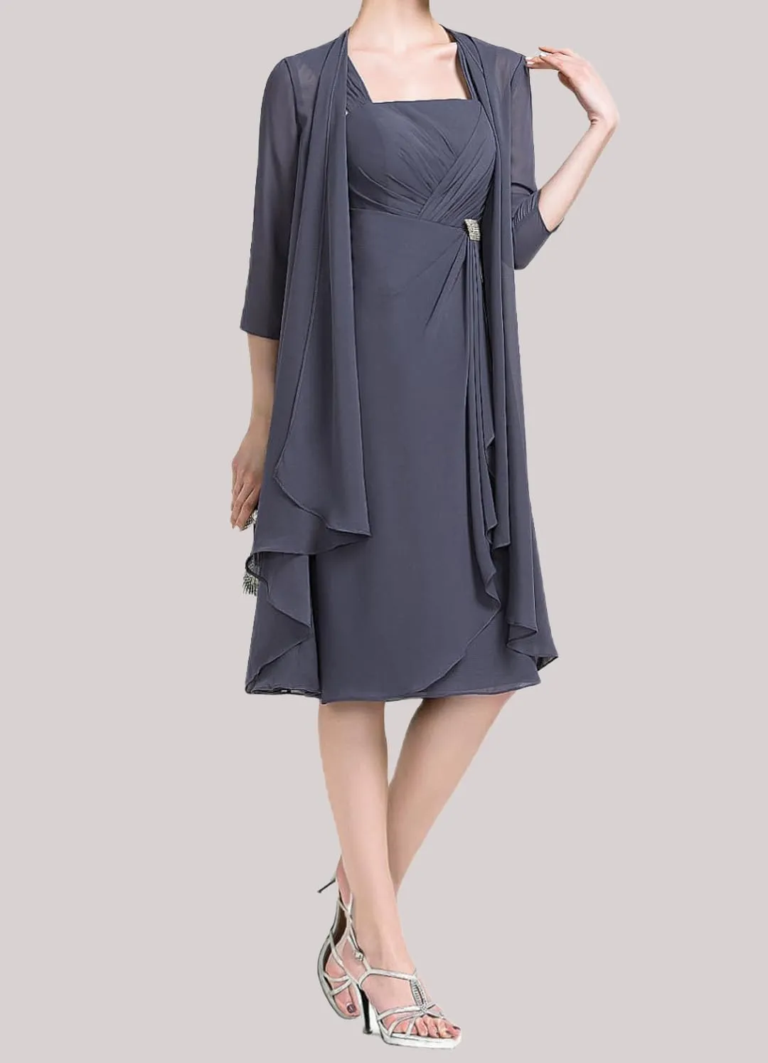 Mother of The Bride Dresses for Wedding Tea Length 2 Pieces Chiffon Formal Dress with Jacket YB21