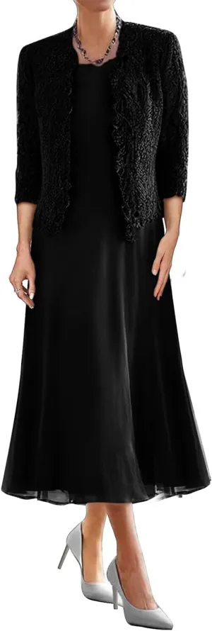 Mother of The Bride Dresses for Wedding Tea Length Evening Formal Dress Lace Wedding Guest Groom Gowns with Jacket