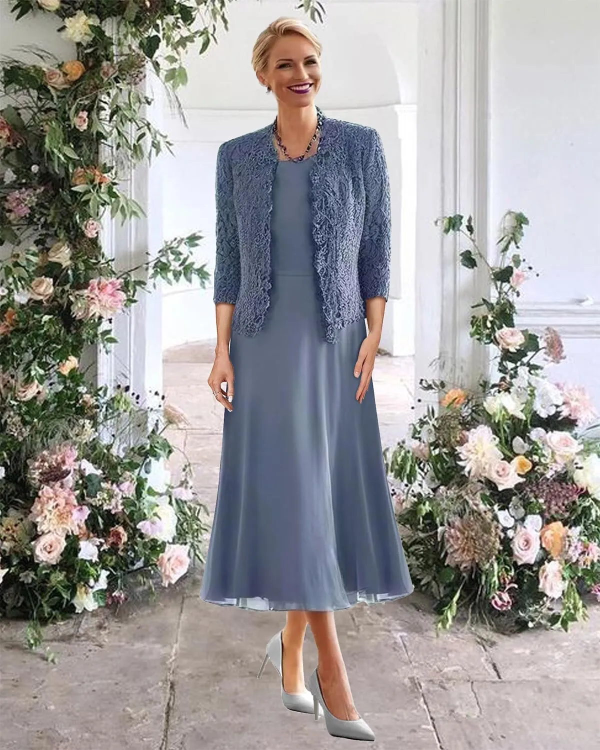 Mother of The Bride Dresses for Wedding Tea Length Evening Formal Dress Lace Wedding Guest Groom Gowns with Jacket