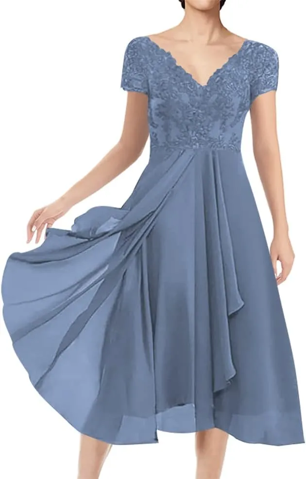 Mother of The Bride Dresses Short Evening Formal Dress V Neck Wedding Guest Groom Dress Lace Applique Ruffles Women's
