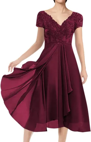 Mother of The Bride Dresses Short Evening Formal Dress V Neck Wedding Guest Groom Dress Lace Applique Ruffles Women's