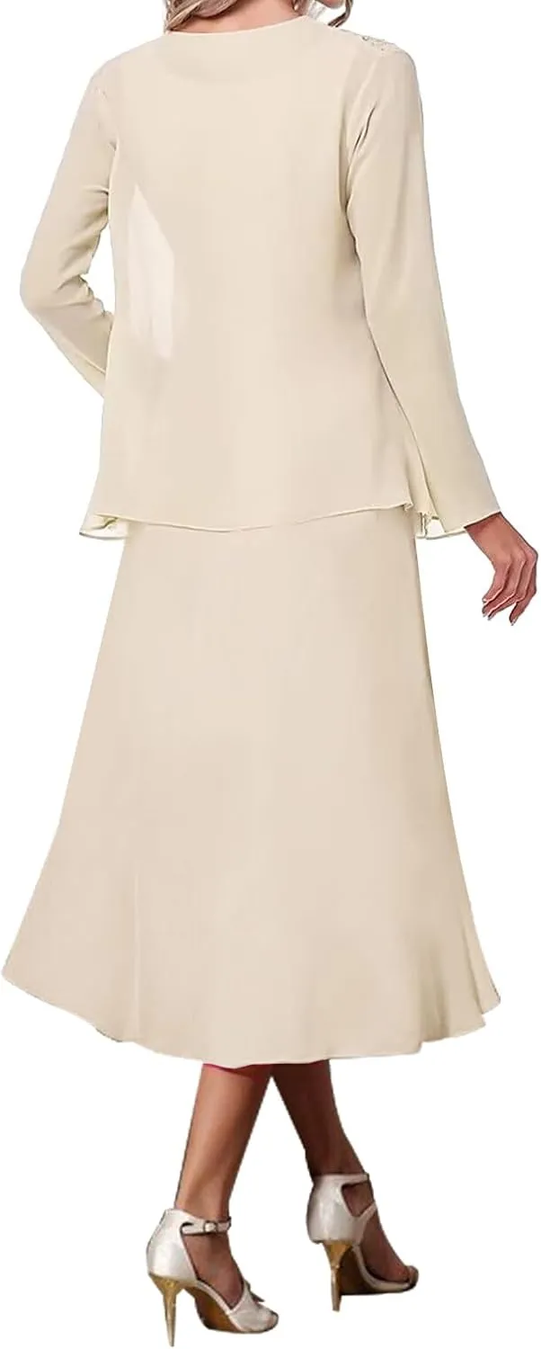 Mother of The Bride Dresses Tea Length Evening Formal Dress Tiered Wedding Guest Groom Dress Beaded Chiffon Jacket