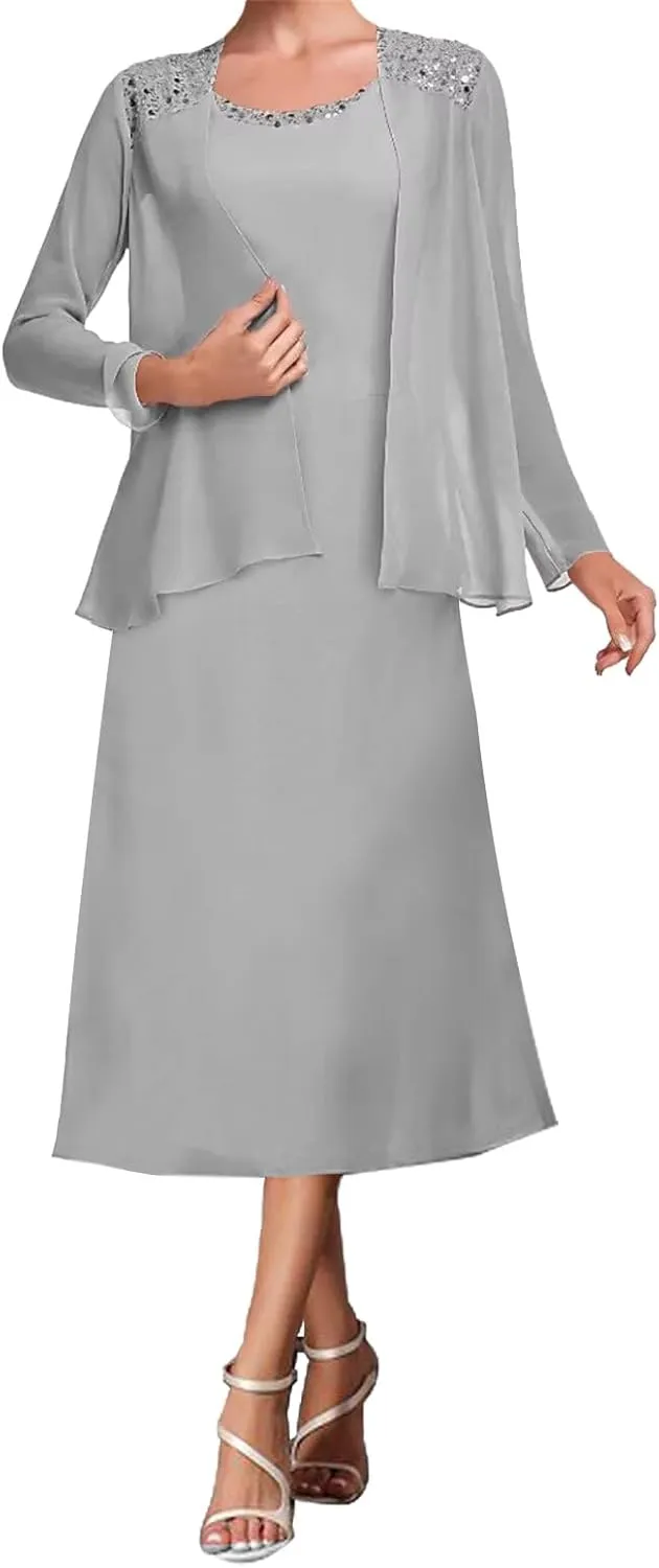 Mother of The Bride Dresses Tea Length Evening Formal Dress Tiered Wedding Guest Groom Dress Beaded Chiffon Jacket
