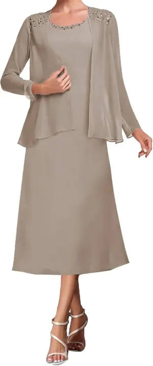 Mother of The Bride Dresses Tea Length Evening Formal Dress Tiered Wedding Guest Groom Dress Beaded Chiffon Jacket